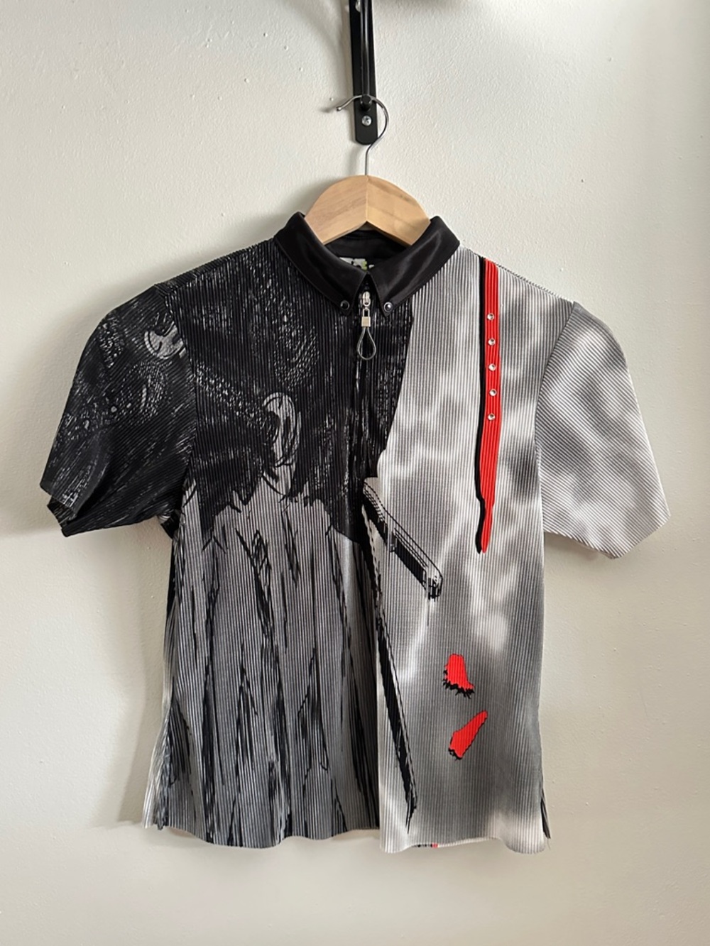 Women’s Black & Gray Graphic Short Sleeve Zip Polo with Red Accents